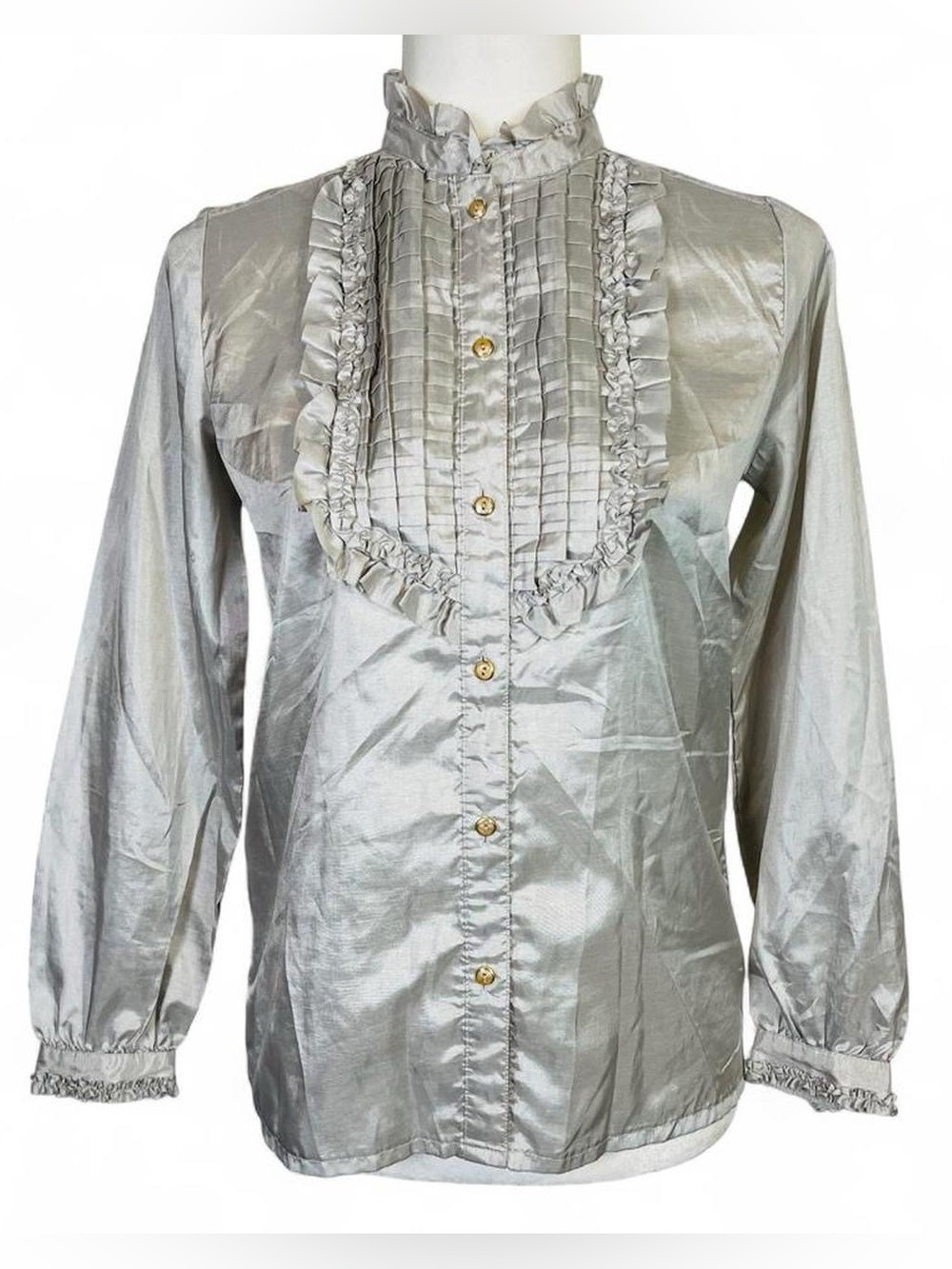 Vintage B & B Misuzu Size 9 High Neck Pleated Bib Blouse Butto Down Top Ruffles